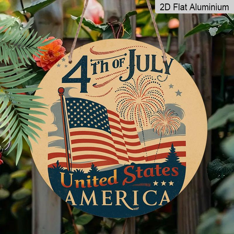 2D Flat 1pc, 8x8 In, Independence Day Celebration Themed Round Aluminum Metal Sign; Front Door Porch, Living Room, Bedroom Home Decor, Country Style