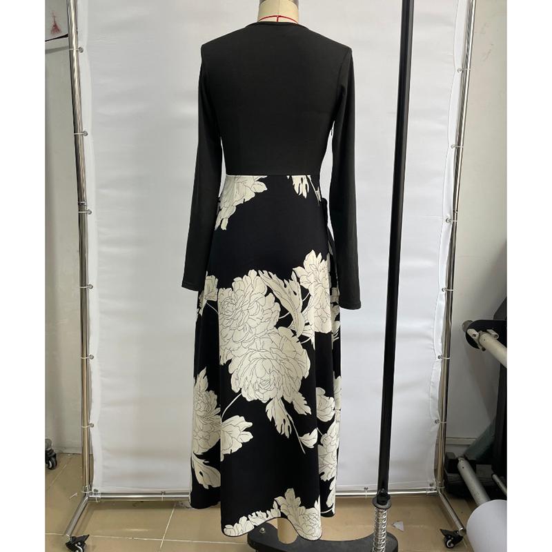 Rochie Casual Elegantă Slim cu Mâneci Lungi de Primăvară pentru Femei, Modă Toamnă, Imprimeu Îmbinat, Rochii Lungi Vintage pentru Femei, Talie Înaltă, Linie A, Rochie Sexy de Petrecere 25943