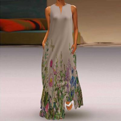 Women's A-line Dress Maxi Long Sleeveless Flower Bed Print Autumn and Winter V-neck Retro Style Elegant