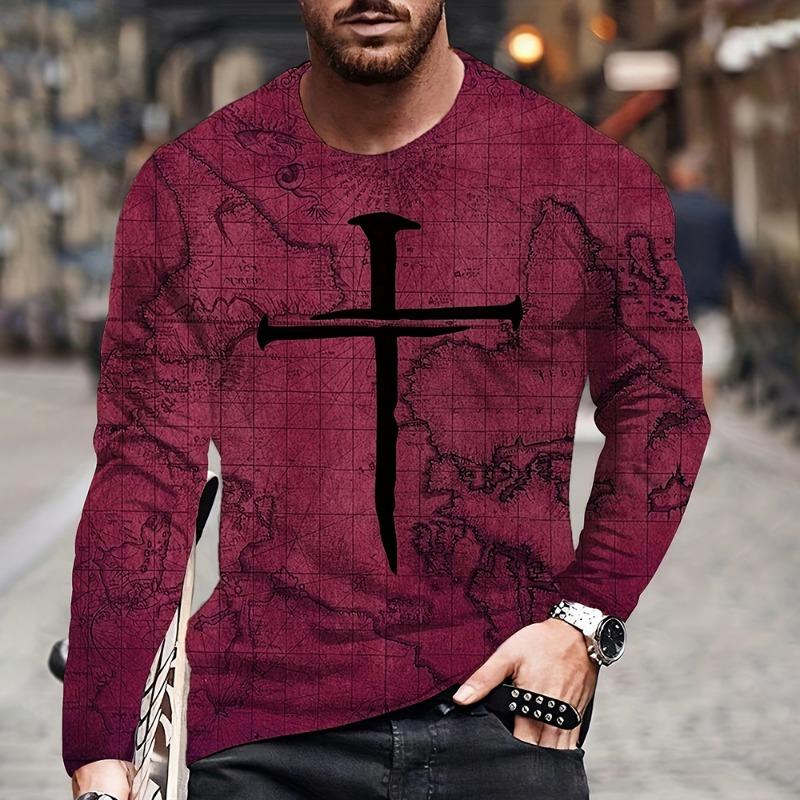 Vintage Herren Langarm T-Shirt Mode Kreuzmuster Langarm 3D Kleidung Seekarte Print Street Harajuku Übergroß