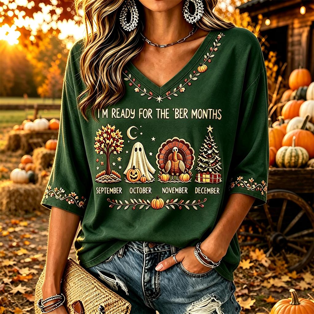 Women's Casual Thanksgiving Print V-Neck Pullover Top