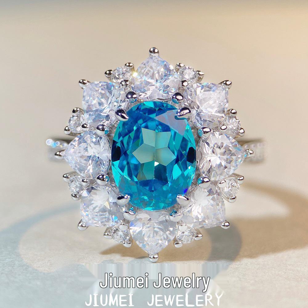 S925 Sterling Silver Women's Aquamarine & Zircon Ring with High Carbon Diamonds In Luxury Setting, European & American Cross-Border Style.