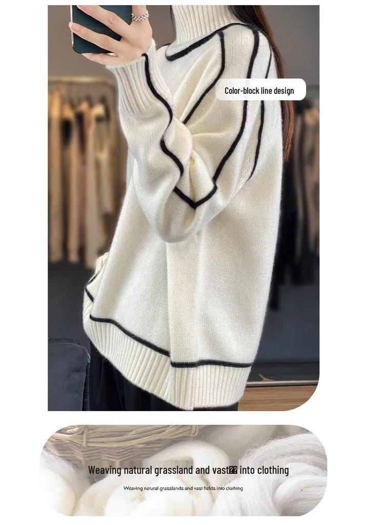 Women's Color Block High Neck Wool Sweater - Thickened Loose Knit Pullover for Autumn & Winter.