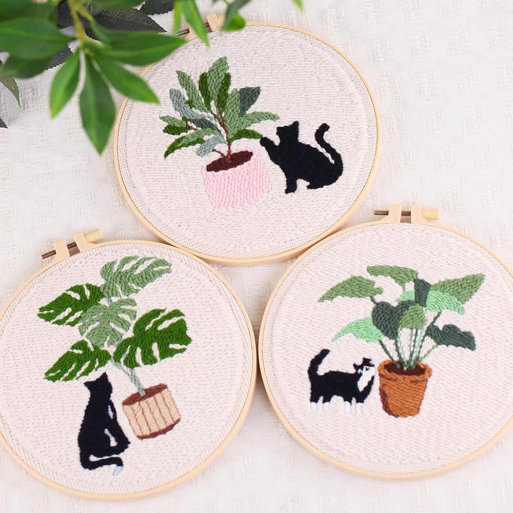Cartoon Cat & Green Plant - Embroidery Starter Kits with Embroidery Hoops, Punch Needle Fabric with Pattern, Punch Needle Kit for Craft Lovers