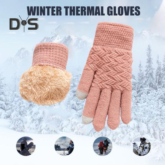 1 Pair Women Winter Gloves Double-layer Thickened Plush Jacquard Knitted Five Fingers Unisex Anti-slip Cold Weather Driving Golfing Skiing Skating