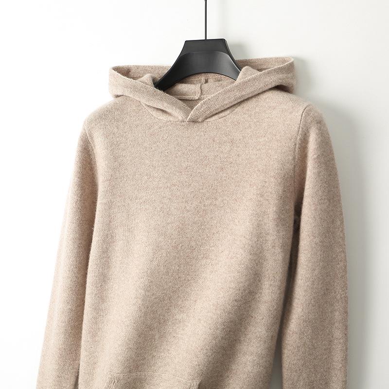 Men's 100% Pure Wool Knit Hoodie - Long Sleeve Solid Color Pullover for Autumn/Winter