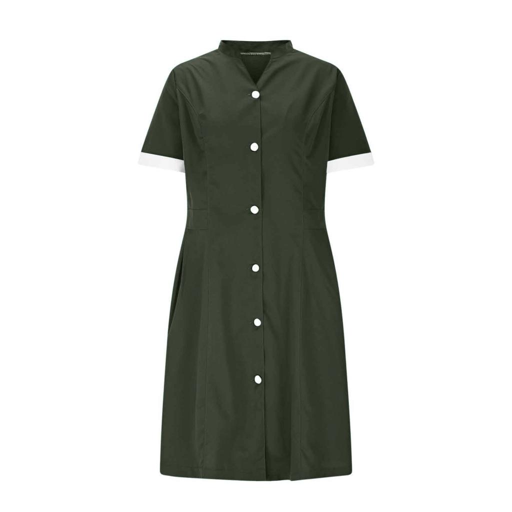 Housekeeping Uniform Dress Womens Button Down Scrub Dresses Short Sleeve Lapel Nursing Shirt Dress with Pockets