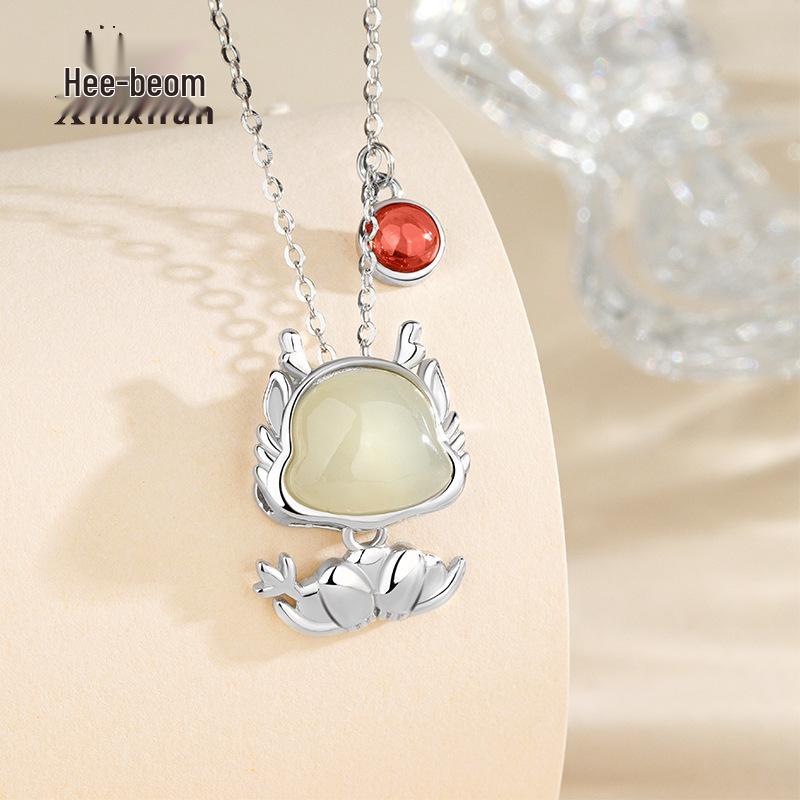 

S925 Sterling Silver 2024 Zodiac Dragon Necklace with Hetian Jade Pendant for Women 925 Silver розового золота