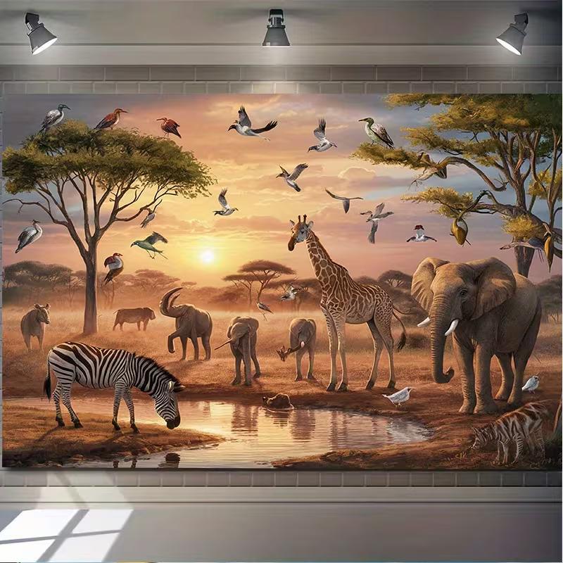 Realistic Savanna Party Backdrop African Animals and Acacia Trees Background Banner