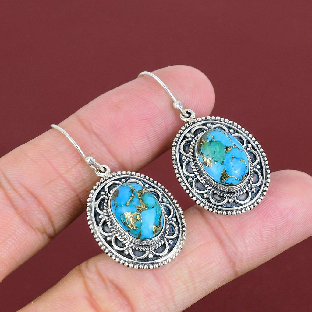 Copper Blue Turquoise Earring Gemstone Earrings 925 Sterling Silver Earring Vintage Jewelry Handmade Earring Gifts For Women Elegant Jewelry