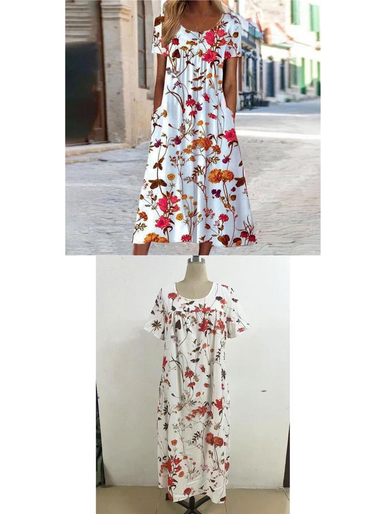 2026 Summer Women's Floral Round Neck Pocket Dress - European & American Style, Casual Loose Fit, Short Sleeve.
