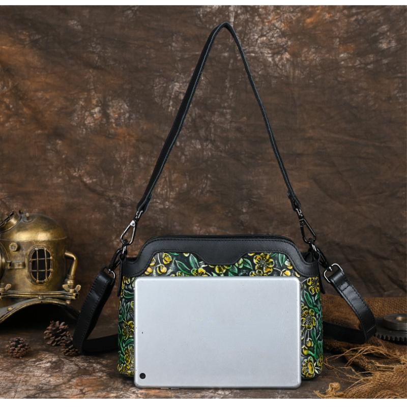 Johnature Äkta Läder Retro Präglad Damväska Mångsidig Nötskinn Handmålad Axel- & Crossbodyväska