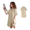 [AUSKY] Room Wear Pajamas, Women's, Cotton, Dress, Nightgown, Short Sleeve, Open Front, Knee Length, Plain, Loungewear, Sleepwear, Cute, Simple,