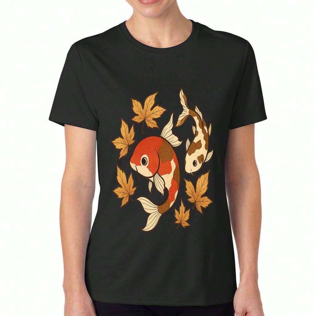 T-shirt en Coton pour Femme Poisson Koi, Impression Premium Coton Pur, Durable et Longue Durée, Mode Décontractée, Poisson Doré, Poissons Nageant, Poisson Porte-Bonheur, Fleurs de Cerisier,
