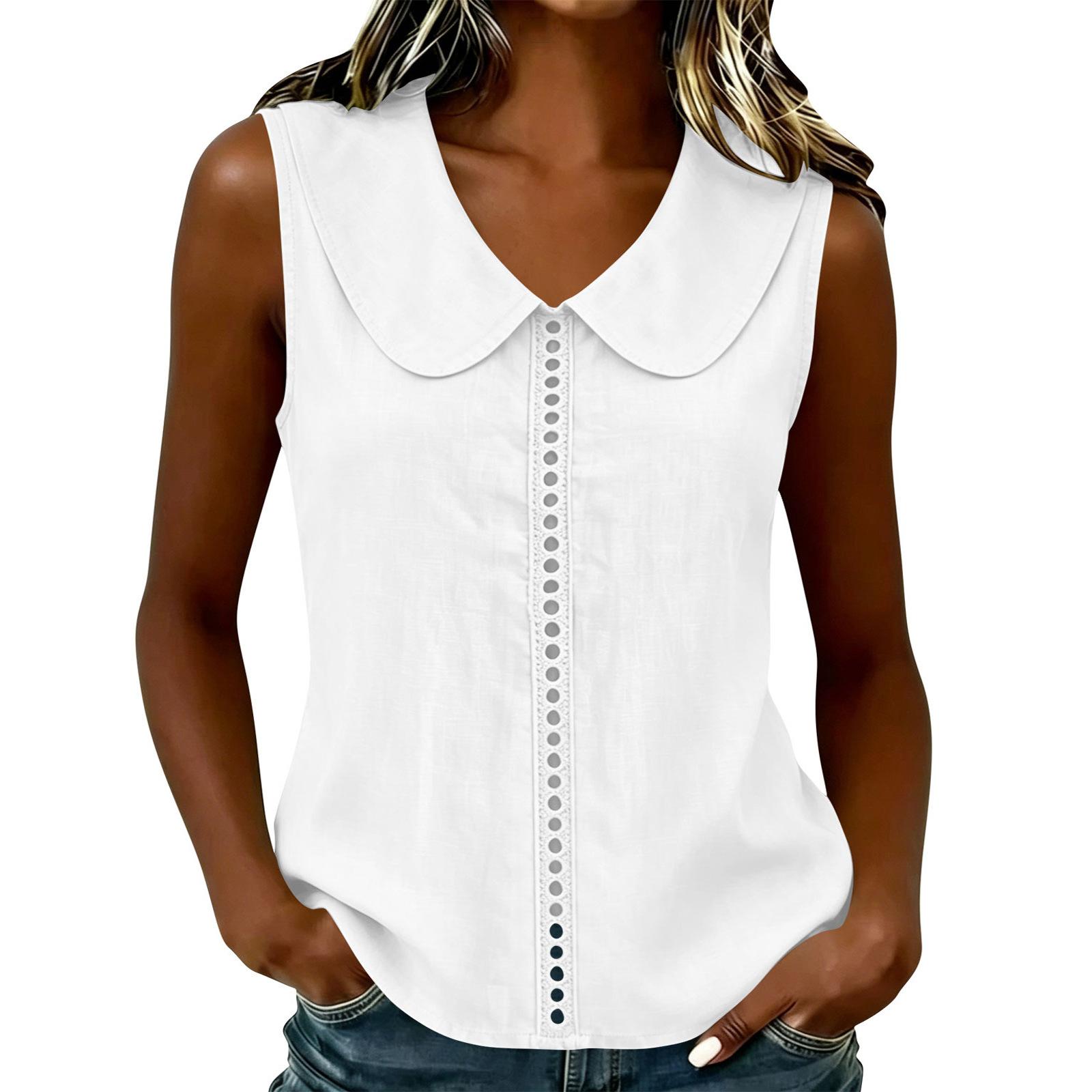 Women Loose Solid Sleeveless Lace Patchwork Collar Casual Blouse S белый