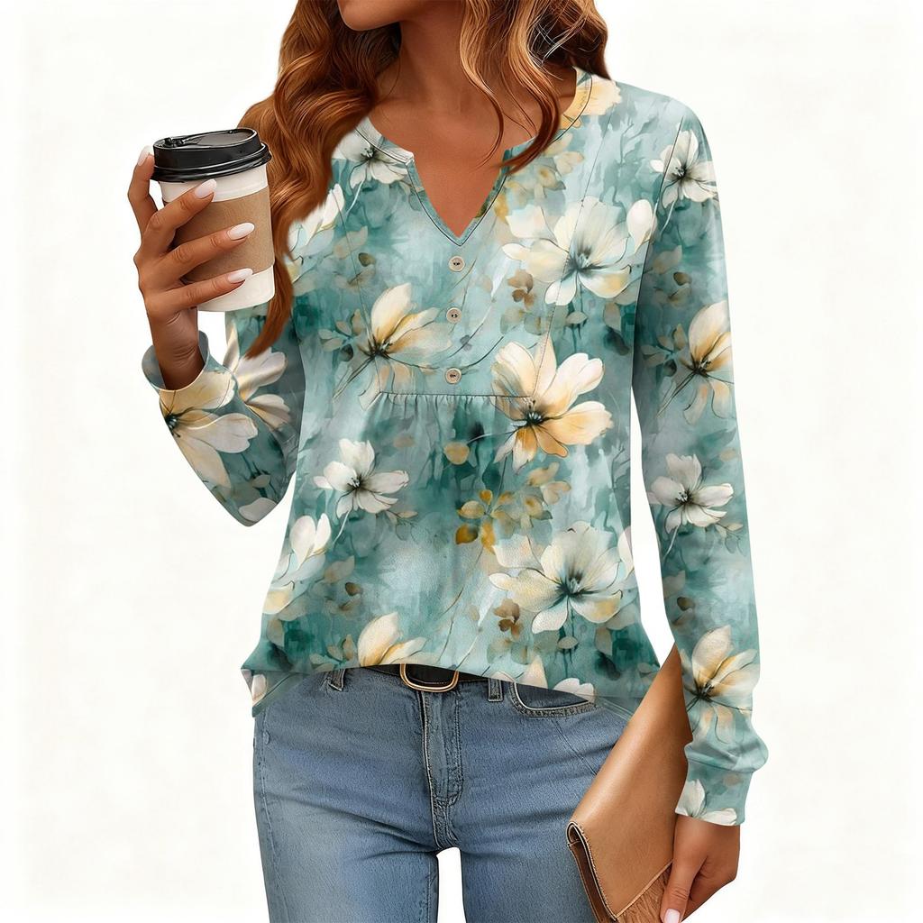 Γυναικείο Χαλαρό, V-λαιμόκοψη, Ρετρό Χρώμα, Μπλοκ με Φλοράλ Σχέδιο, Μακρυμάνικο Πουλόβερ T-shirt