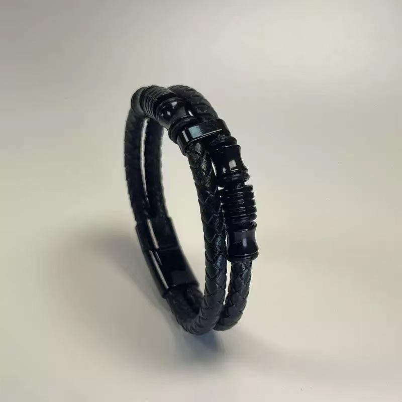 Men's Braided Leather Bracelet: Genuine Leather, Magnetic Clasp, Double-Layer Beaded Vintage Style