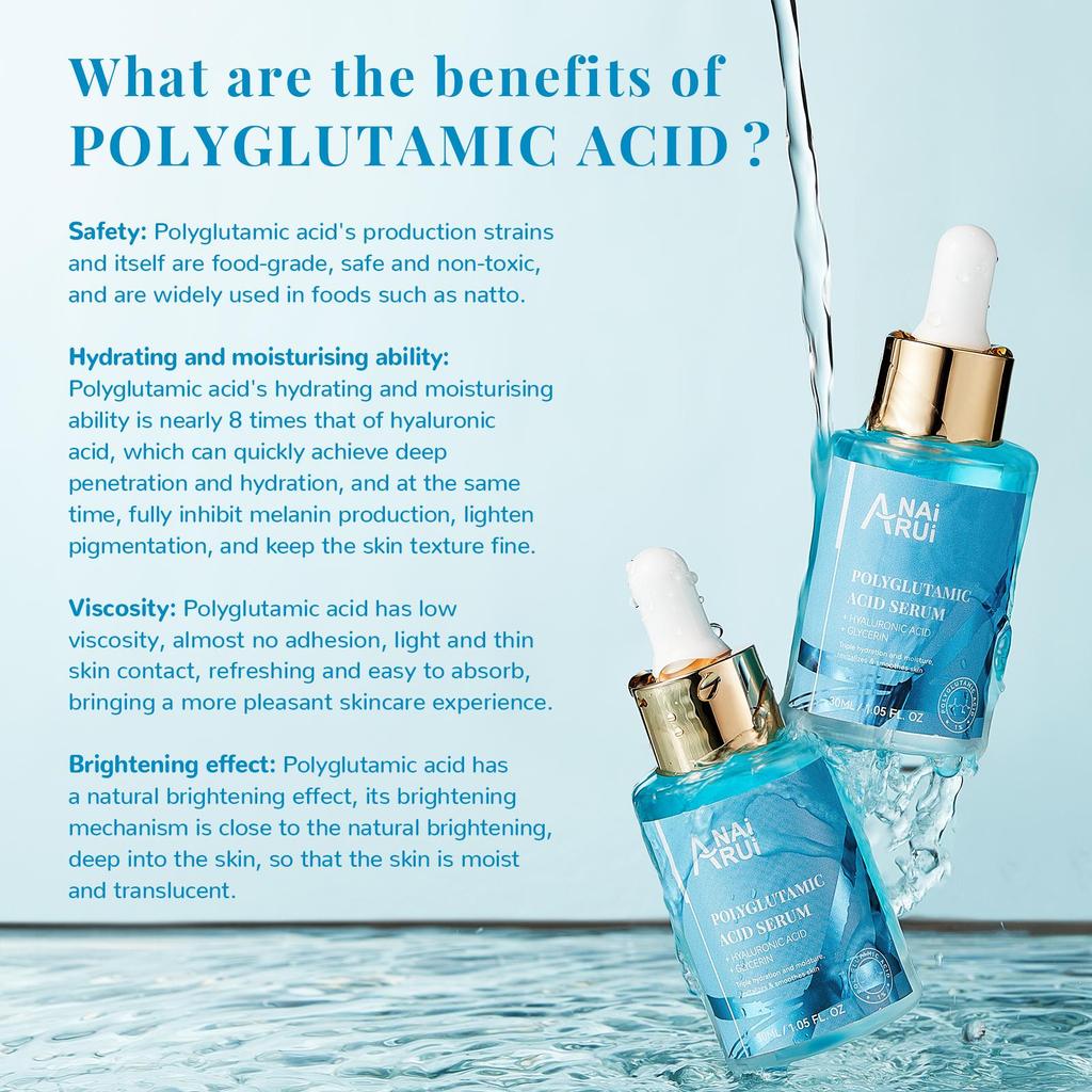 ANAiRUi Polyglutamic Acid Moisturizing Serum, Hyaluronic Acid & Glycerin Hydrating Firming Facial Serum for Fine Lines Wrinkle Care 30ml