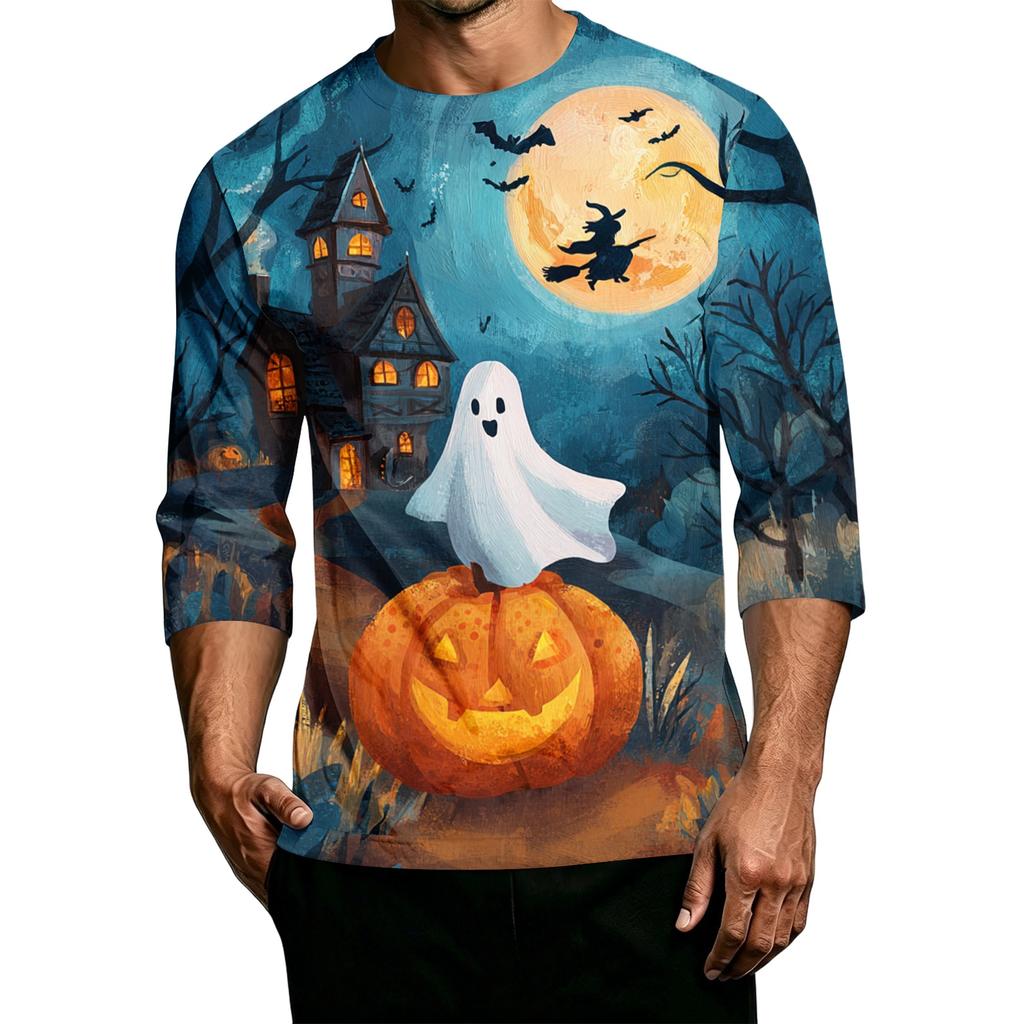 Men's Casual Halloween Pumpkin Print Crew Neck T-Shirt Three Quarter Sleeve Comfortable Fit Lightweight Fabric