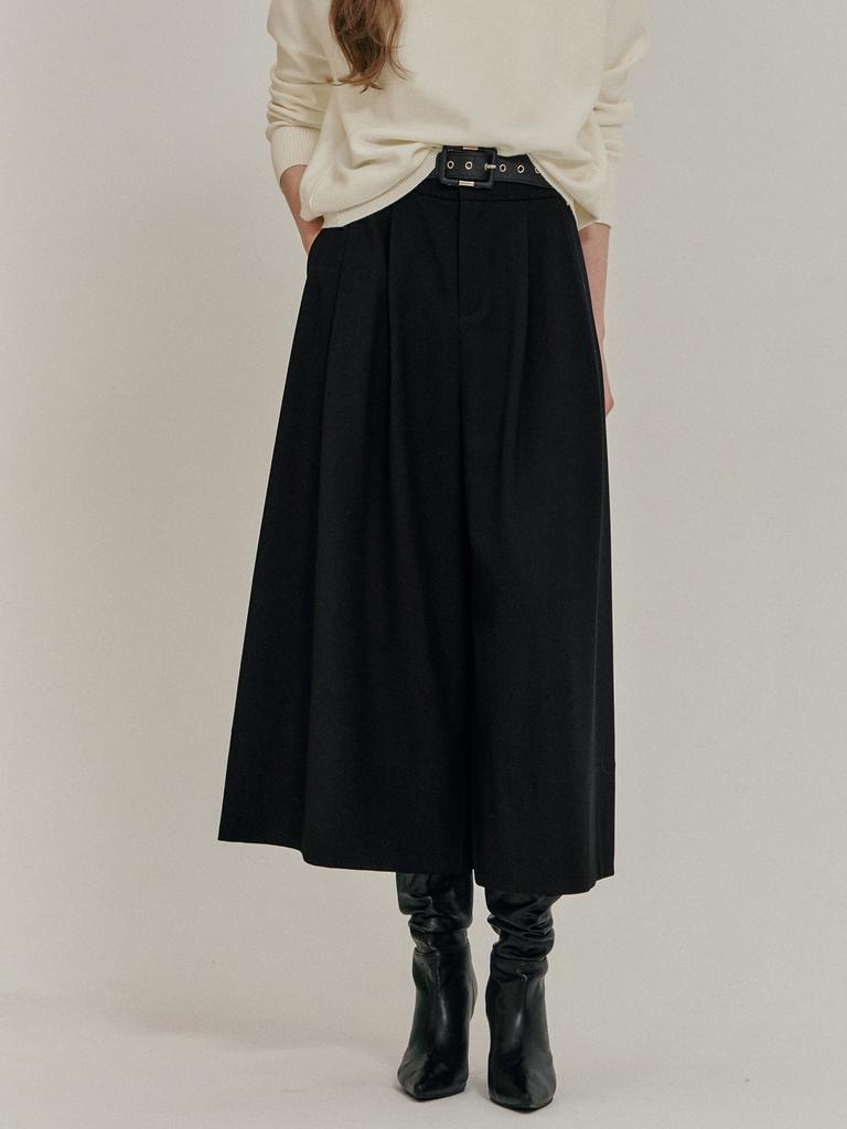 MAXZA Wool Blend Double-Pleated Volume Back Elastic Culottes
