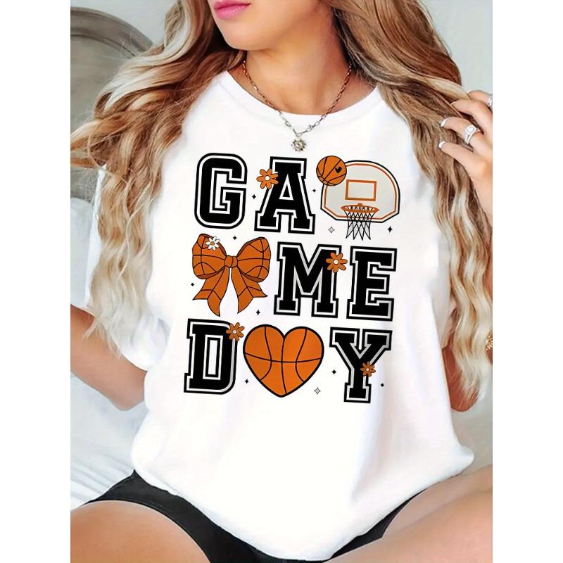Women's Heart Basketball Hoop Print T-Shirt Casual Sports Short Sleeve Summer Holiday Top