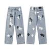 Unisex Cro Cross Leather Tag Washed Denim Jeans - Couples Street Style Loose Fit Long Pants