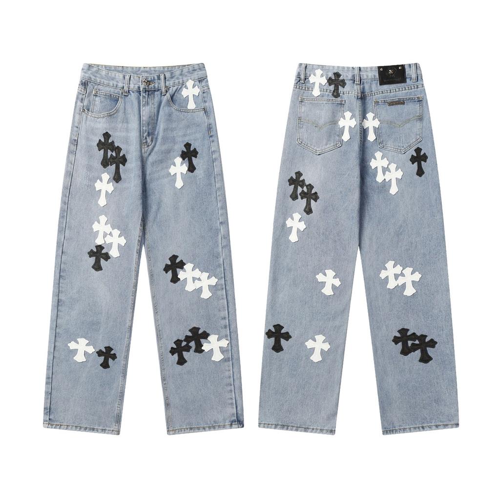 Unisex Cro Cross Leather Tag Washed Denim Jeans - Couples Street Style Loose Fit Long Pants
