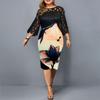 Plus Size Women Lace Patchwork Printed Slim Fit Midi Dress
