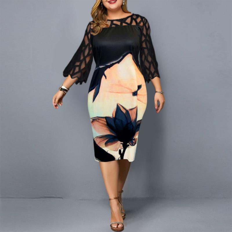 Plus Size Women Lace Patchwork Printed Slim Fit Midi Dress
