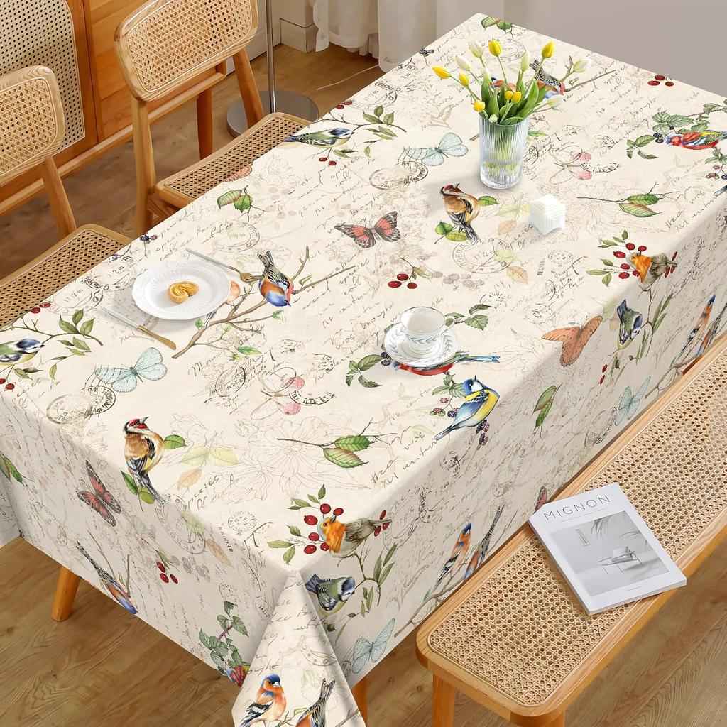 Vintage Flowers Birds  Butterfly Waterproof Tablecloth for Table Decor Washable Kitchen Dining Tablecloth Wedding Decorations