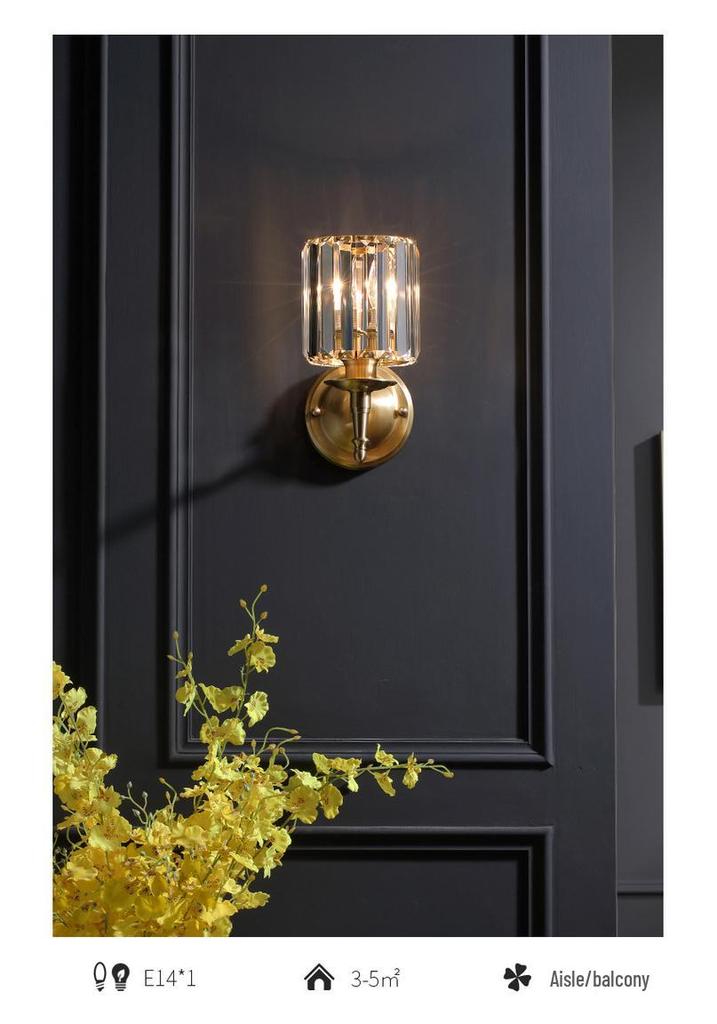 Elegant American Crystal Wall Lamp, Nordic Style Bedside Fixture, Modern Copper Design for Bedroom and Living Room
