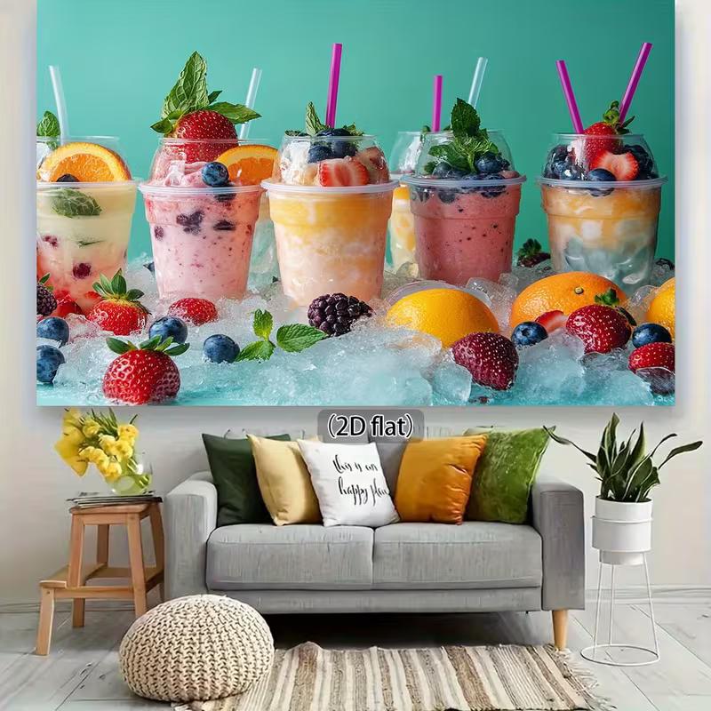 2D Teal Background Fruit Drink Tapestry, Icy Berry Smoothie Scene Background Cloth