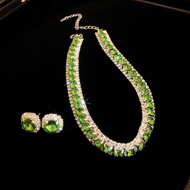 Diamond emerald square stud earrings necklace set niche creative collarbone chain temperament light luxury high-end jewelry women