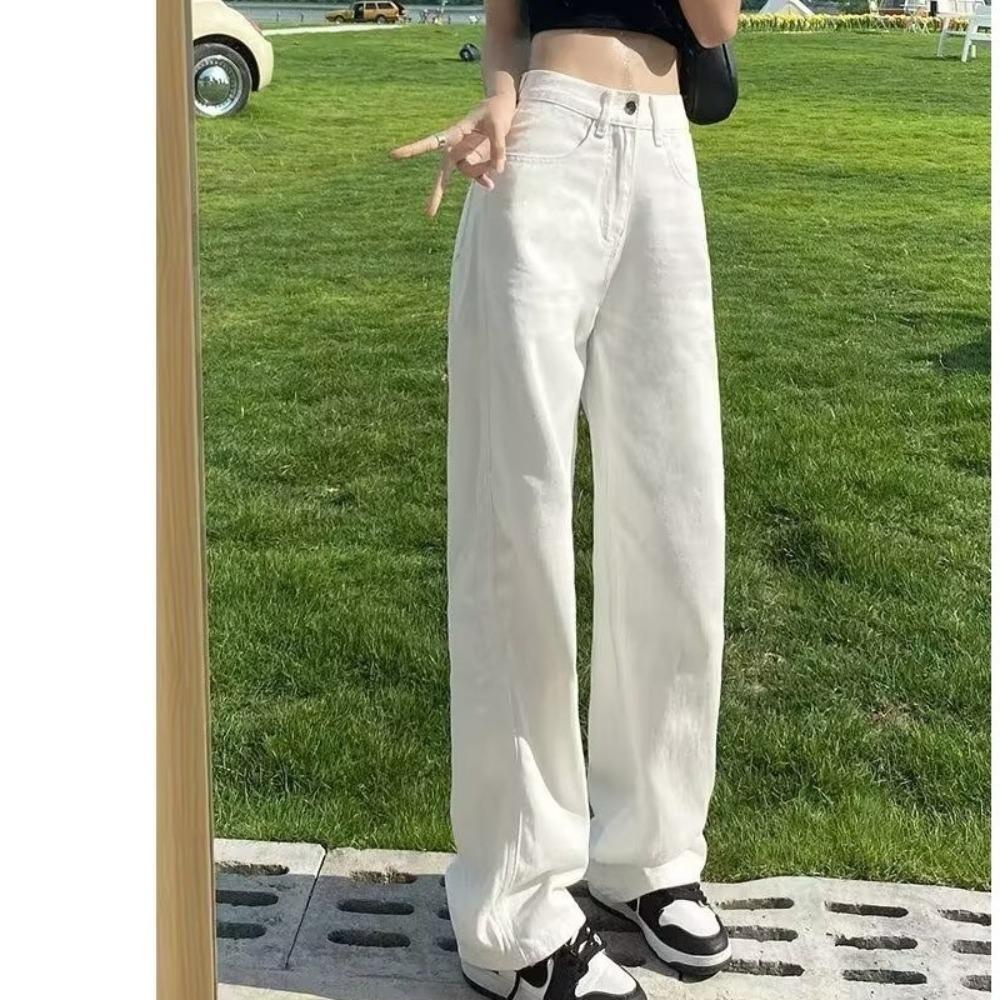 Women's High Rise Straight Leg Jeans Loose Fit Fresh Style No Stretch White Drapey Denim Trousers