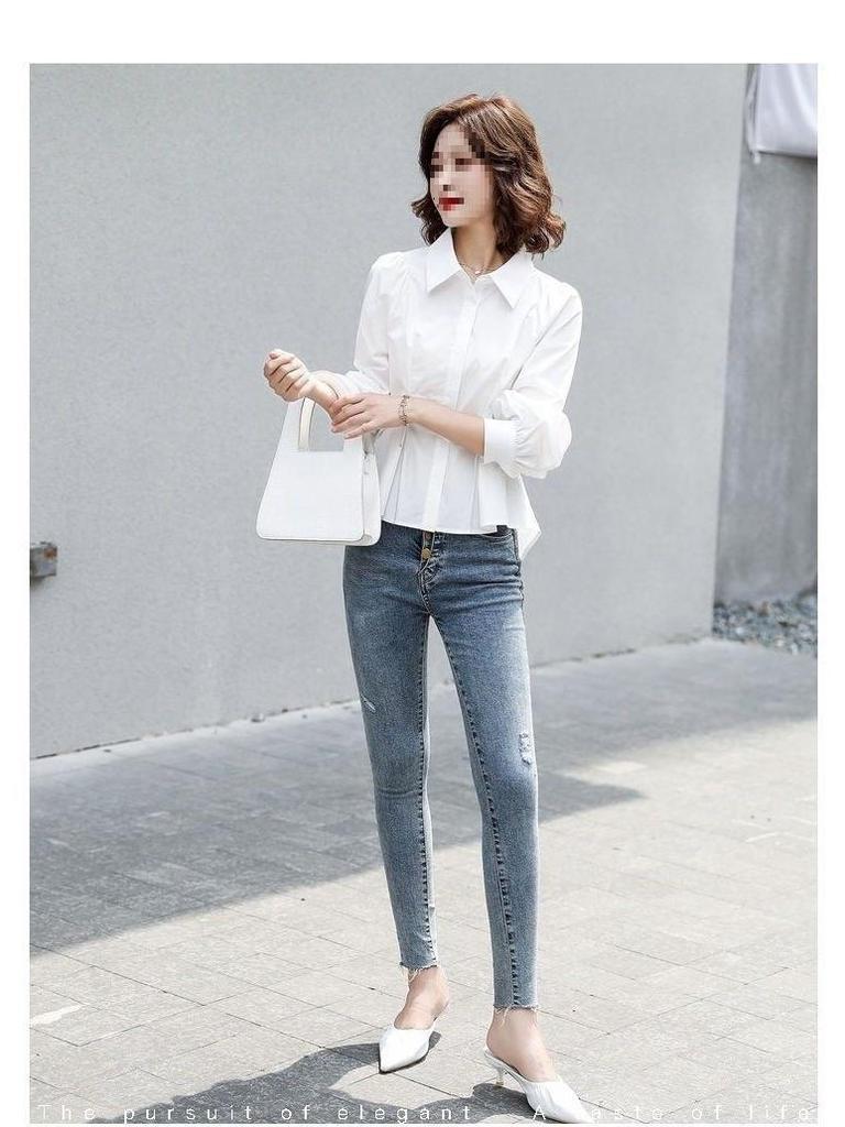 White Puff Sleeve Long Sleeve French-Inspired Blouse - Irregular Autumn Korean Style