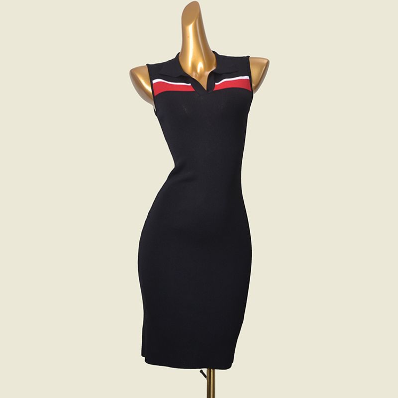 

Brand Cut the Tag off Short dress Western Style Color Matching Polo Collar Sleeveless Knitted Hip Skirt Fashion Ice Silk Slim dress Black (Red) XL