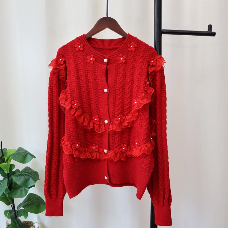Autumn and Winter New Sweet Bead Flower Splicing Mesh Knitted Cardigan Loose Gentle Wind Sweater Jacket Women