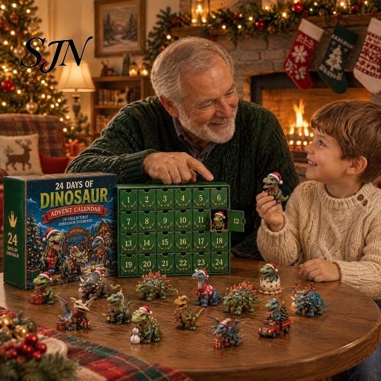 Dinosaur Themed Christmas Decor Advent Calendar, 24Pcs Acrylic Ornament Set with Cute Daily Holiday Anticipation Gift Dino Figures, Countdown Box, for