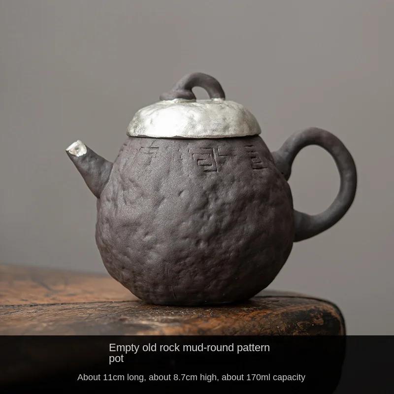 

Empty Zhai Pattern Pot Silver Gilded Vintage Handmade Teapot Kung Fu Tea Ceremony Old Volcanic Clay with Ball Hole Tea Kettle