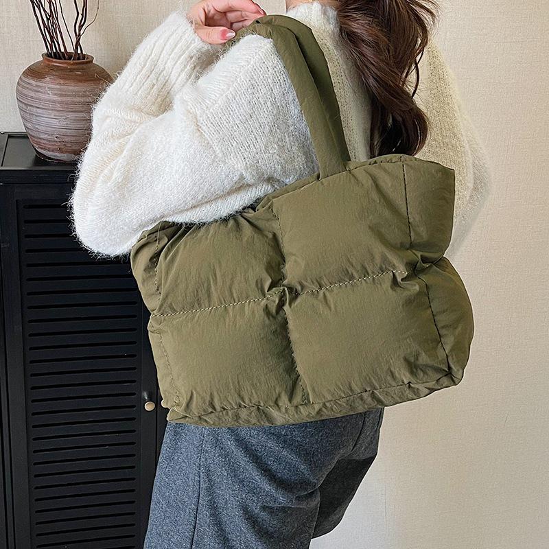 Autumn/Winter Plaid Nylon Padded Tote: Casual, Versatile, Large Capacity Shoulder Handbag