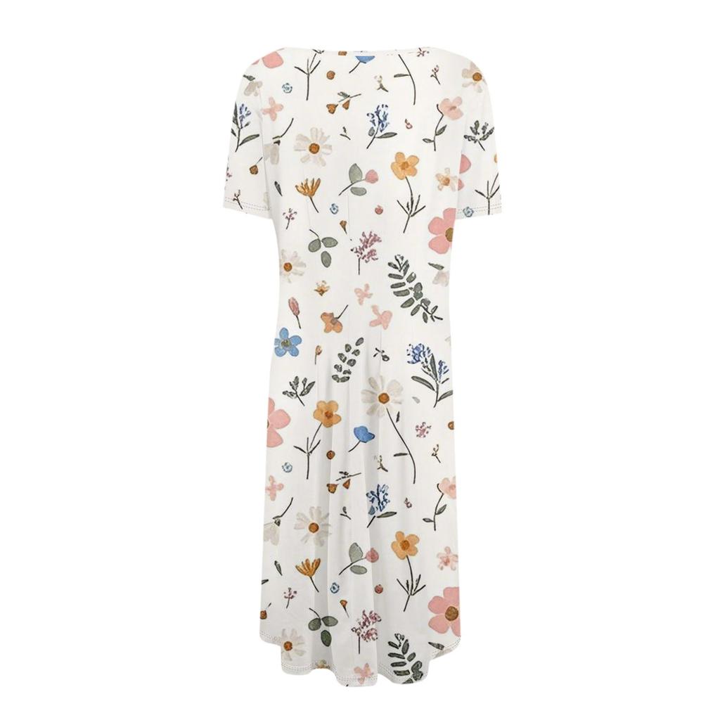 Dámské ležérní módní kulatý výstřih s krátkým rukávem a květinovým potiskem, midi šaty