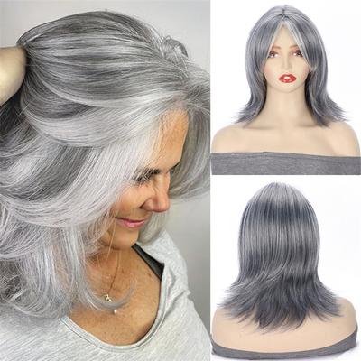 Synthetic Medium Wig for Women Hair Bobs Natural Salt and Pepper Wig  Ladies Mommy Wigs Cosplay Party Heat Resistant