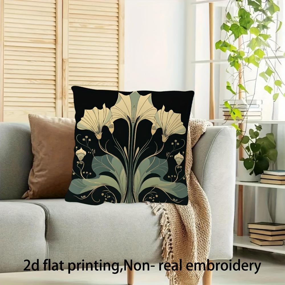 Short Plush “Art Nouveau Iris” Pillowcase Double Sided Flat-Printed Zipper Cushion Cover Black Background Botanical Decor
