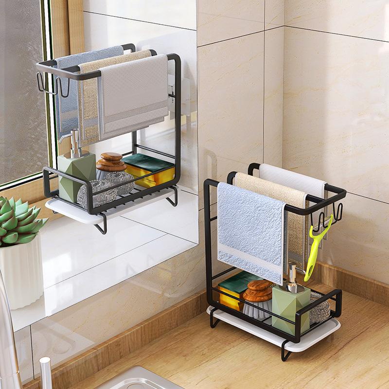 Kitchen Dishcloth Storage Rack Rag Holder Dish Brush Drying Hanger with Removable Drain Pan Dishwashing Cloth Sink Drain Rack
