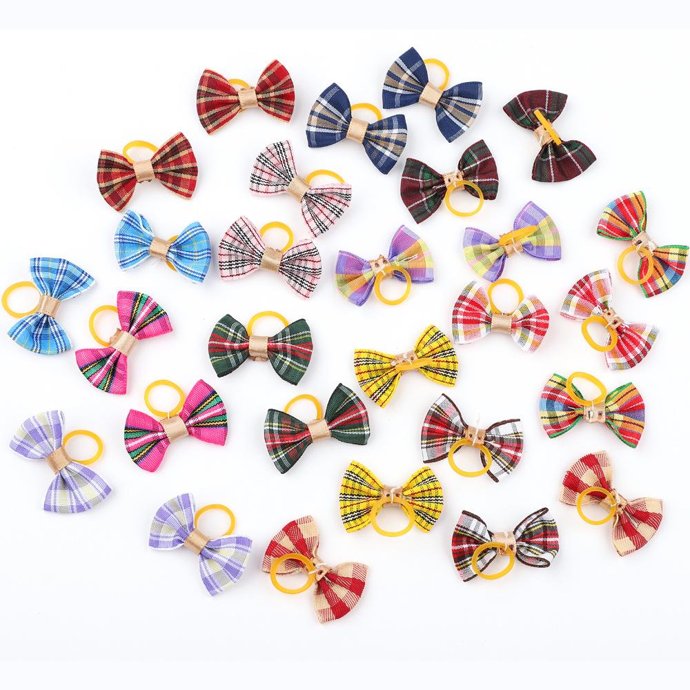 100pcs Pet Accessories Grid Dog Hair Bows Fashion Cute Dog Bows Rubber Bands Pet Hair Bow Ties Decoration for Dog Accessories