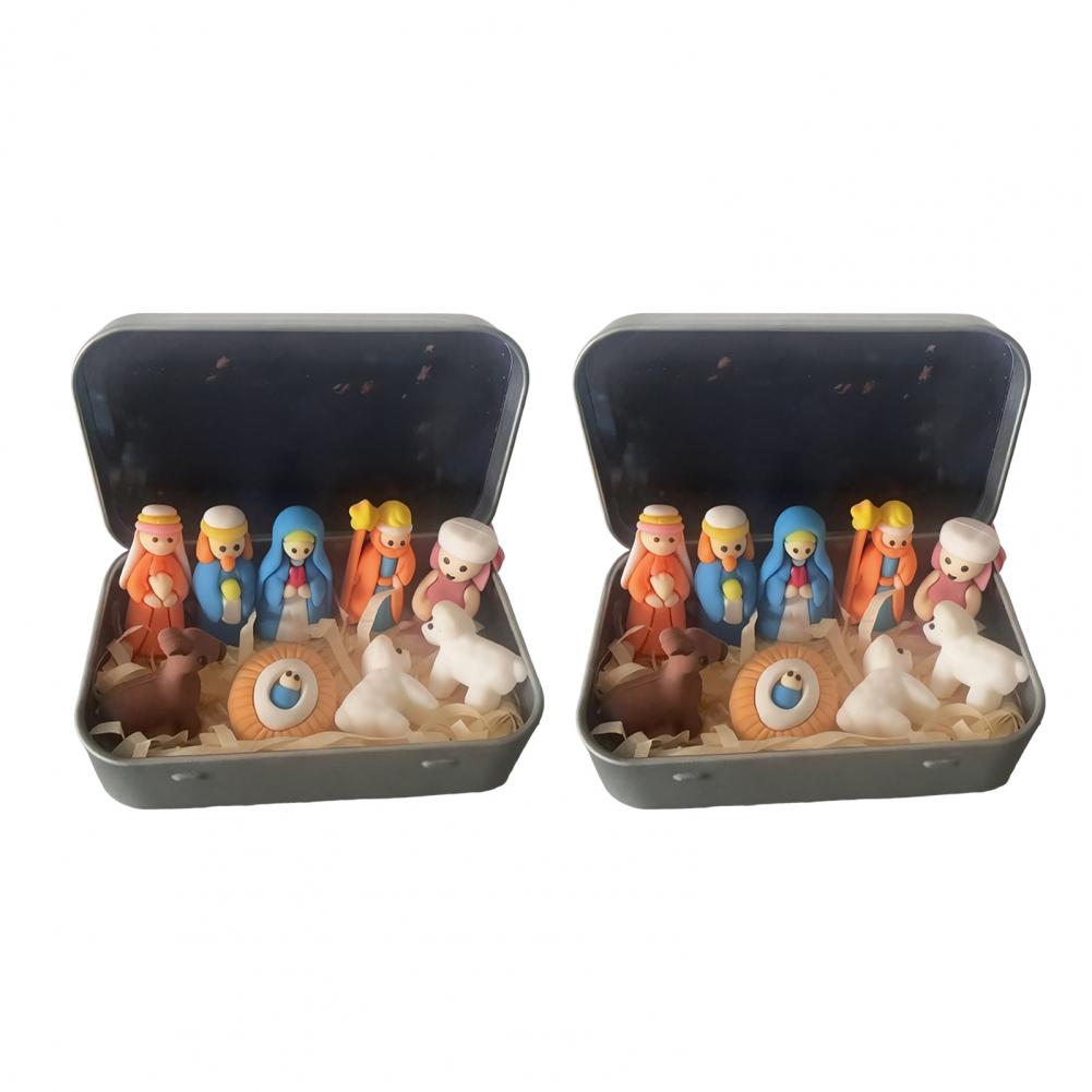 1/2/3Pcs Mini Nativity Scene Set in Tin Box Handcrafted Pocket Size Nativity Scene Tin Resin Birth of Jesus Ornament Christmas D