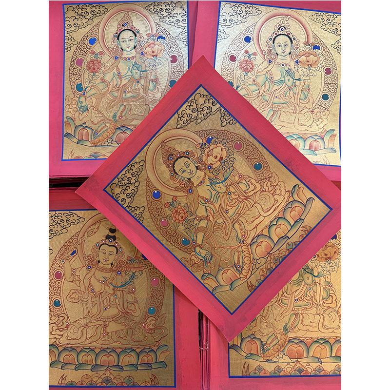 Hand-Painted Nepali Thangka: Yellow Dzambala, Green Tara, Manjushri, Samantabhadra, Medicine Buddha Wall Hanging