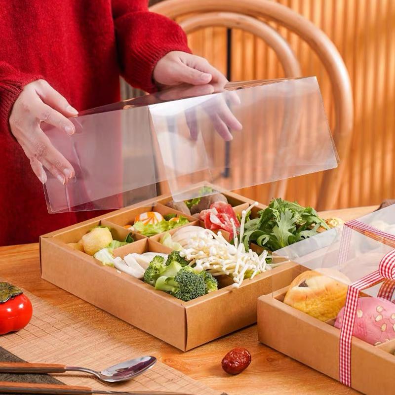 1Pcs Nine-square Grid Takeout Hot Pot Packaging Box Retro Kraft Paper Baking Dessert Cake Picnic Box
