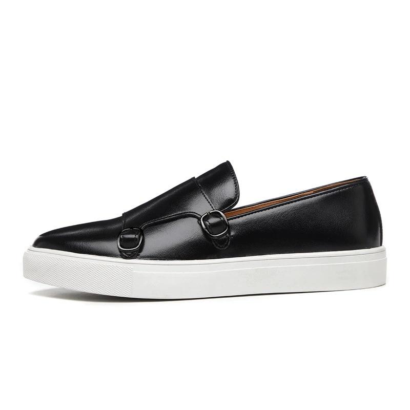 Fashion New Summer Double Buckle Men Slip-On Flat Loafers Black Brown Large Size Casual Leather Shoes Men's Lazy Shoes