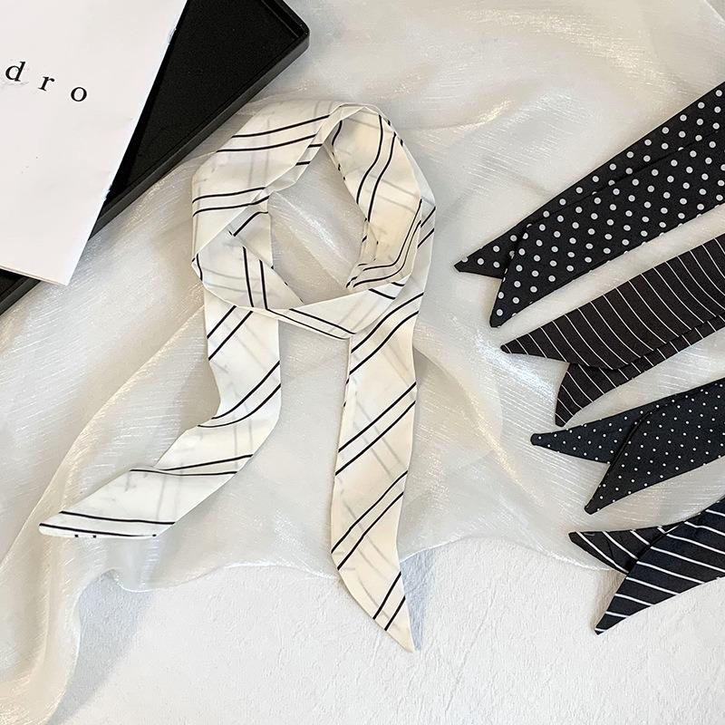 Summer new striped silk scarf long strip high-end headscarf headband tied hair streamer wrapped bag multi-purpose scarf belt